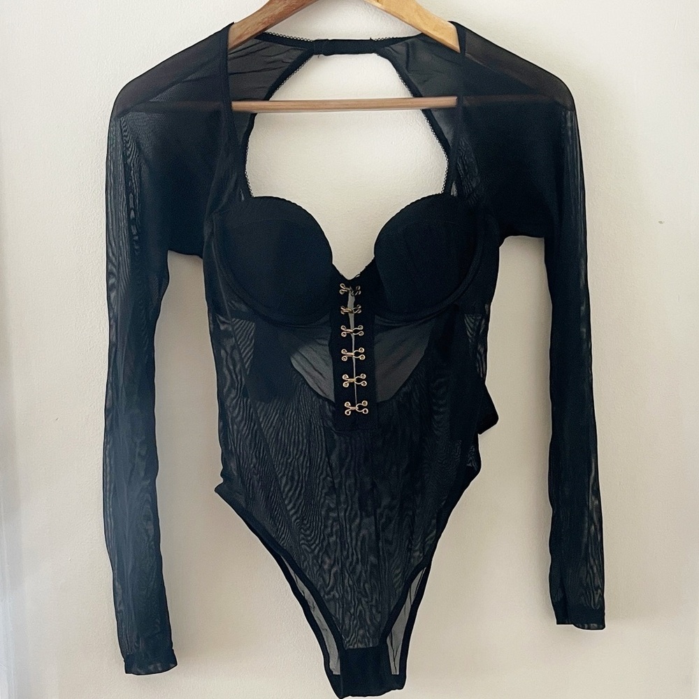ASOS Sheer Mesh Bodysuit Black Long Sleeve Built In Bra 34B